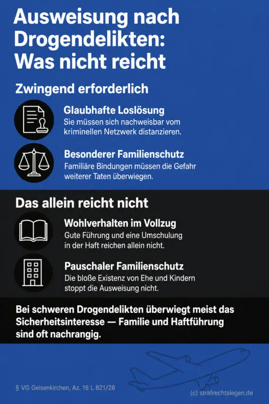 Infografik (Do's and Don'ts): Zwingend erforderlich vs. was allein nicht reicht bei Ausweisung nach Drogendelikten