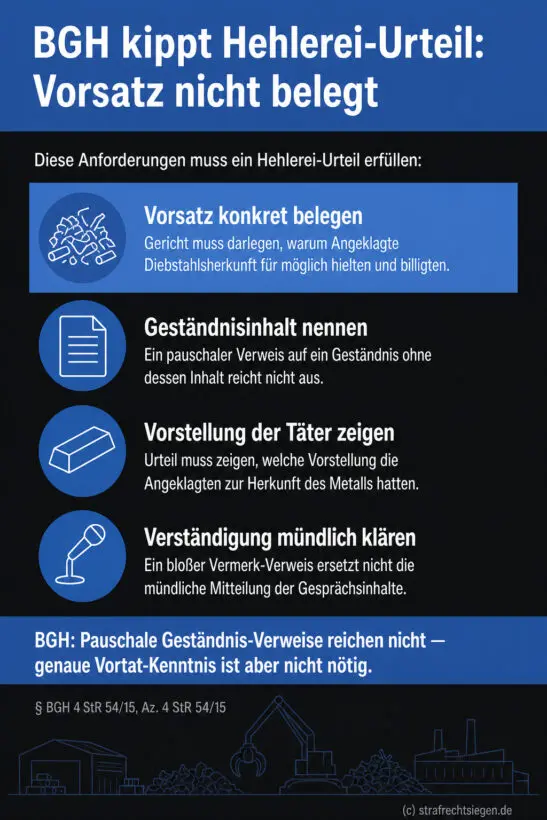 Infografik (Checkliste): 4 Anforderungen an Hehlerei-Urteil zum Vorsatzbeleg, BGH kippte Urteil wegen fehlender Darlegung