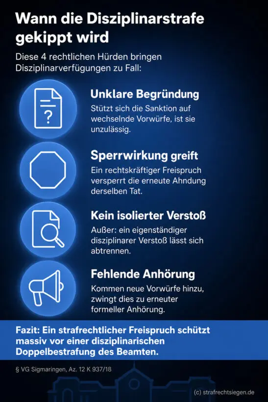 Infografik (Checkliste): 4 Hürden für rechtmäßige Disziplinarverfügung – Begründung, Sperrwirkung, Überhang, Anhörung