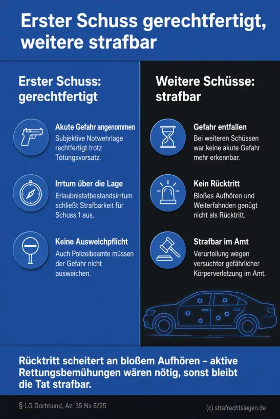 Infografik (Gegenüberstellung): Erster Schuss gerechtfertigt vs. weitere Schüsse strafbar, mit Begründungspunkten je Seite.