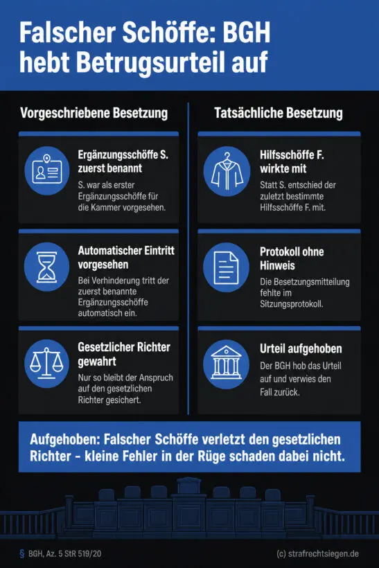 Infografik (Gegenüberstellung): Vorgeschriebene vs. tatsächliche Schöffenbesetzung - falscher Schöffe führte zur Urteilsaufhebung durch BGH.