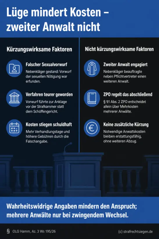 Gegenüberstellung zweier Spalten: Links kürzungswirksame Falschangaben, rechts nicht kürzungswirksame Kostenfaktoren wie ein zweiter Anwalt. Schlussfolgerung unten.