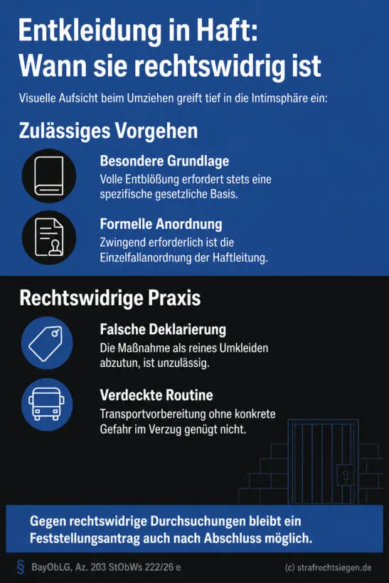 Infografik (Do's und Don'ts): Zulässige Einzelfallanordnung vs. rechtswidrige verdeckte Entkleidungsdurchsuchung in Haft.