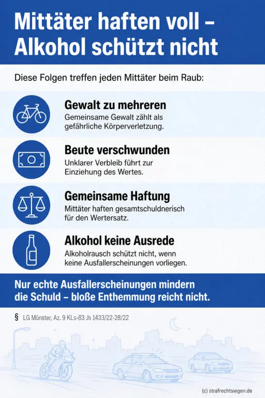 Infografik (Checkliste): Mittäterhaftung bei Raub. Zeigt Folgen wie Wertersatz und Strafbarkeit trotz Alkoholkonsums.