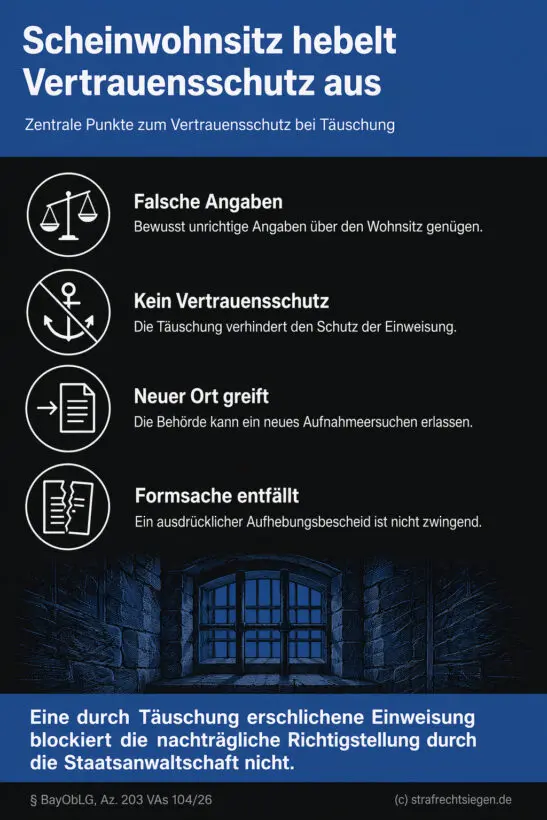 Infografik (Checkliste): 4 Punkte zeigen, dass Scheinwohnsitz bei JVA-Einweisung keinen Vertrauensschutz gewährt