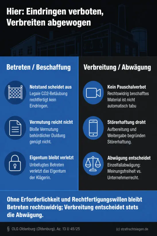 Infografik (Gegenüberstellung): Betreten des Betriebsgeländes strikt verboten, Verbreiten der Aufnahmen unterliegt Einzelfallabwägung