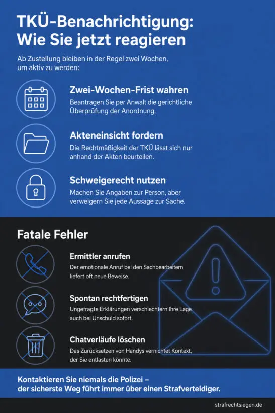 Infografik (Do's und Don'ts): Verhaltensregeln nach einer TKÜ-Benachrichtigung mit Fristen, Rechten und Fehlern.