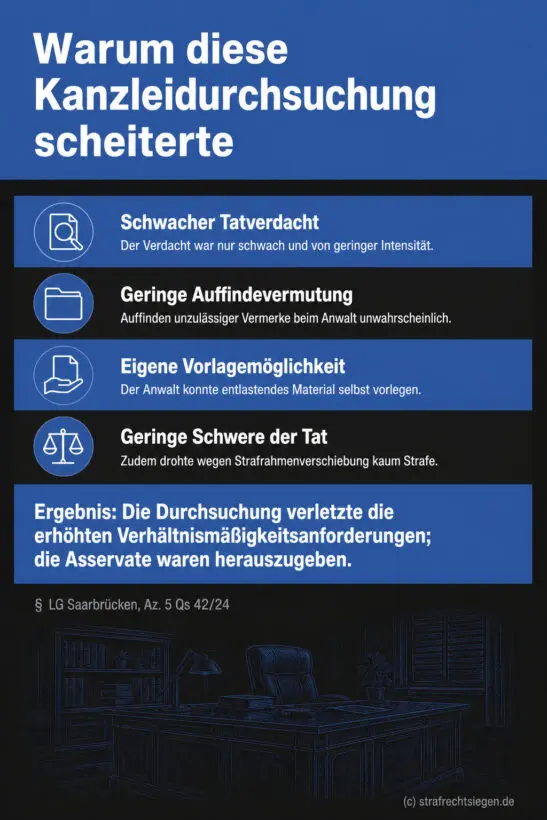 Infografik (Checkliste): Vier Gründe, warum die Kanzleidurchsuchung gegen den Anwalt unverhältnismäßig und damit rechtswidrig war