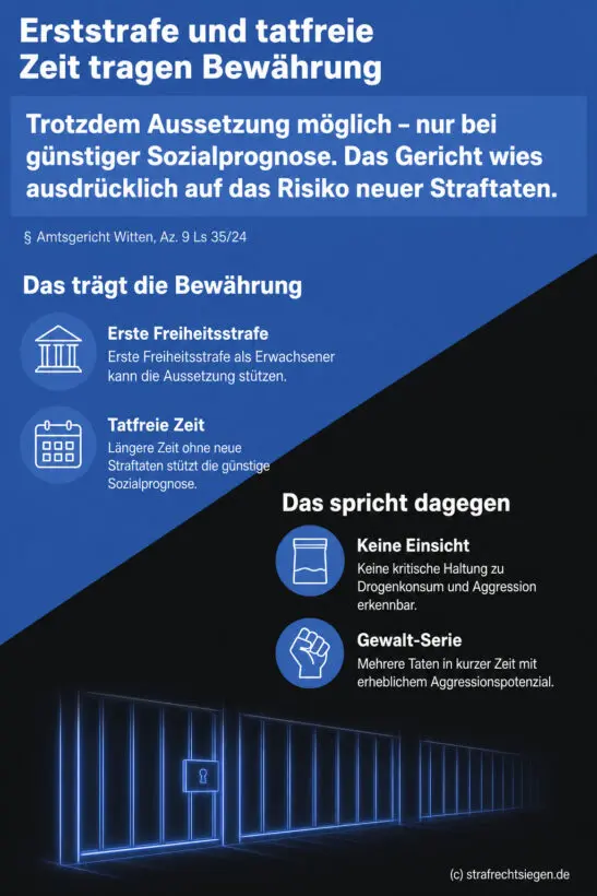 Gegenüberstellung von Pro- und Contra-Faktoren für Bewährungsausssetzung: Erststrafe und tatfreie Zeit stehen fehlender Einsi