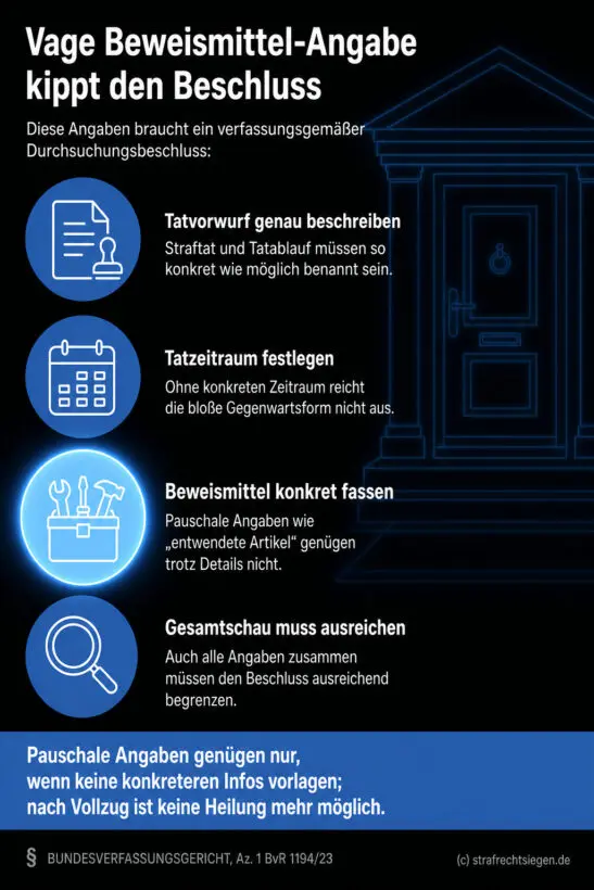 Checkliste: Vier kumulative Vorgaben für verfassungsgemäße Durchsuchungsbeschlüsse nach Art. 13 GG.