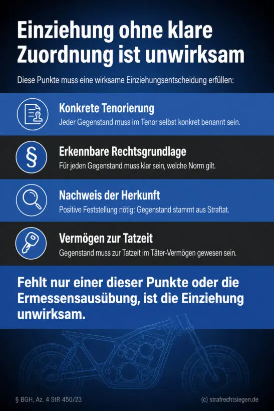Horizontale Farbbänder-Checkliste zu den vier zwingenden Voraussetzungen wirksamer gerichtlicher Einziehungsbescheide nach BGH
