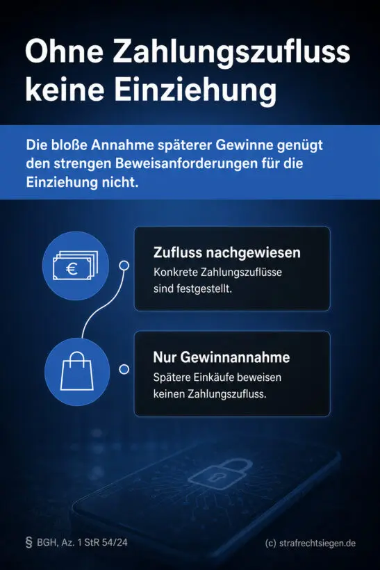 Entscheidungsbaum zur Einziehung: Zeigt, dass nur belegte Zahlungszuflüsse zählen und bloße Gewinnannahme nicht ausreicht.