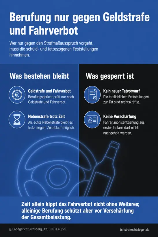 Zweispaltige juristische Infografik: gegenübergestellte Farbflächen zeigen fortbestehende Prüfung von Geldstrafe und Fahrverb