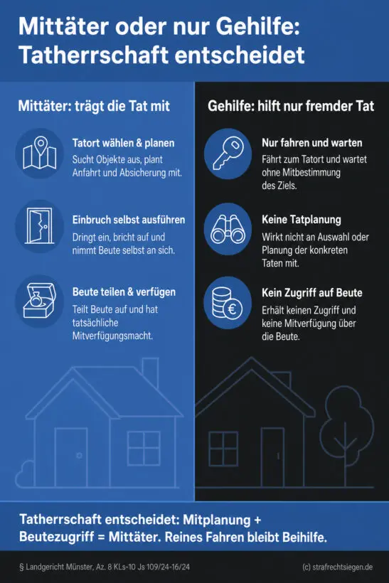 Visueller Vergleich von Mittäterschaft und Gehilfe in zwei Spalten mit je drei eindeutigen Tatbestandsmerkmalen.