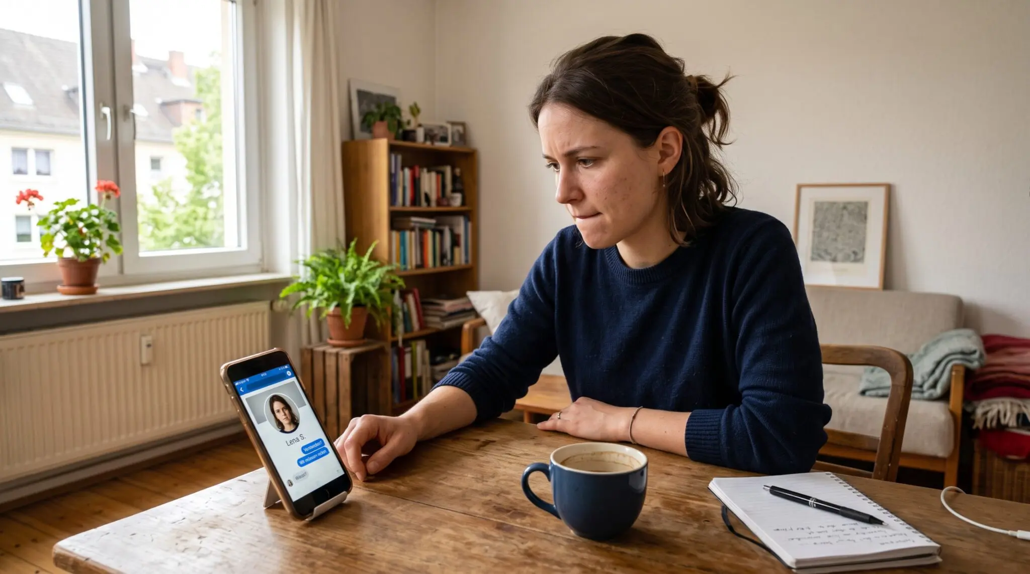 Junge Frau am Schreibtisch blickt angespannt auf Smartphone mit nachgeahmtem Profil und eigenem Porträt