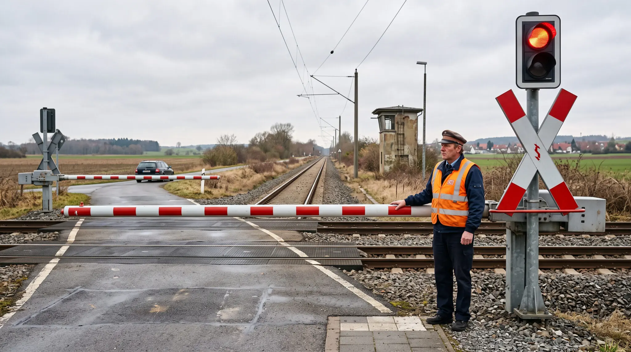Bahnmitarbeiter in Warnweste steht an geschlossener rot-weißer Schranke und blickt die Gleise hinab, Warnlicht blinkt.