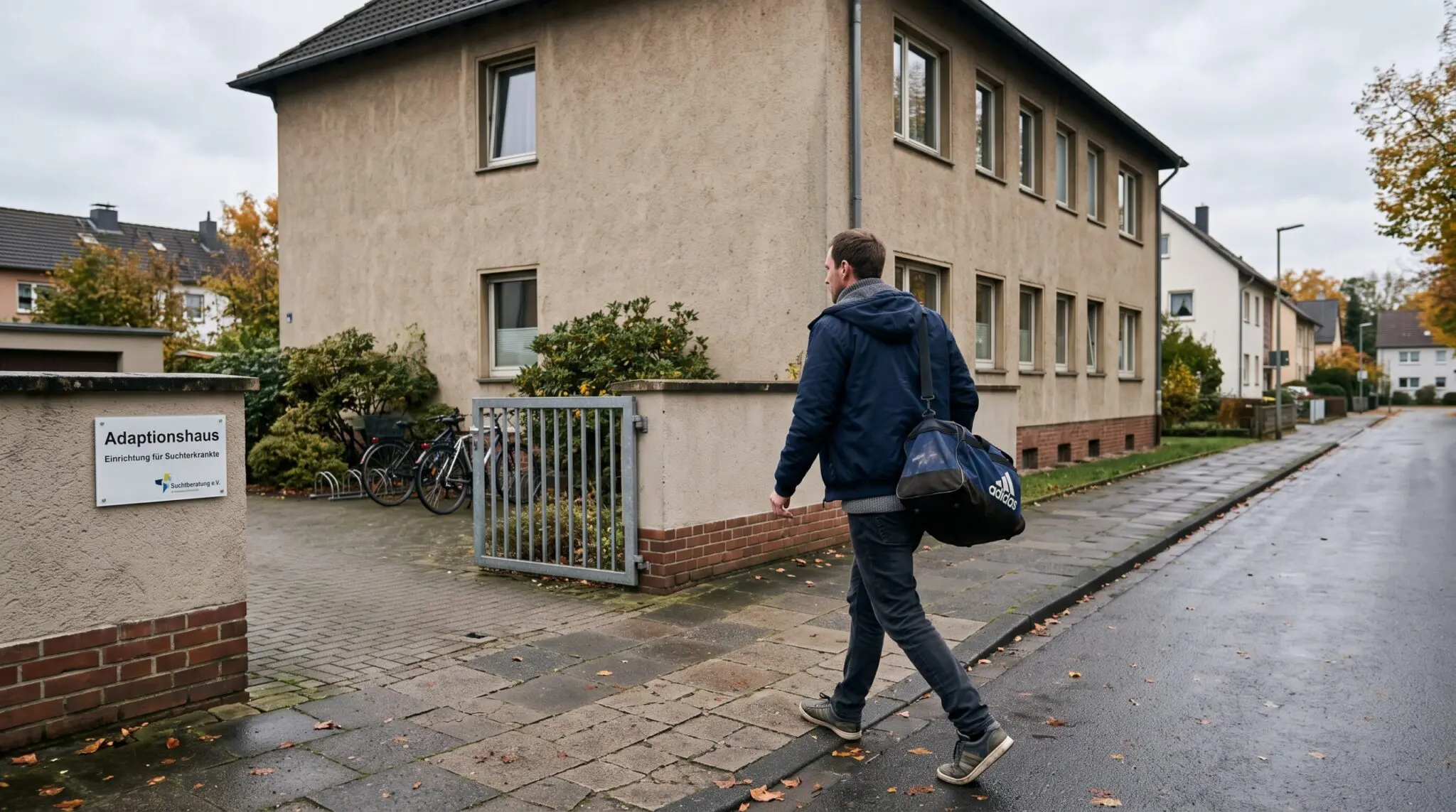 Mann mit Reisetasche verlässt eilig Adaptionshaus, Wohngebäude und Fahrradständer im Hintergrund