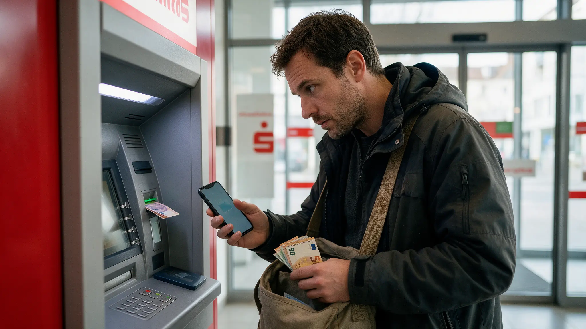 Ein Mann in wetterfester Jacke steht an einem Geldautomaten im Foyer einer Bank und steckt Euroscheine in eine Umhängetasche.