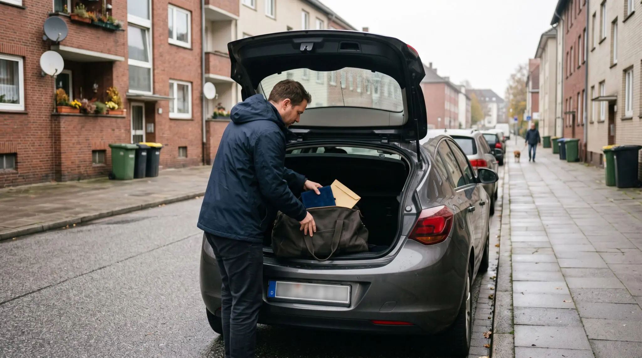 Mann hebt dunkle Reisetasche in offenen Autokofferraum an trüber Wohnstraße