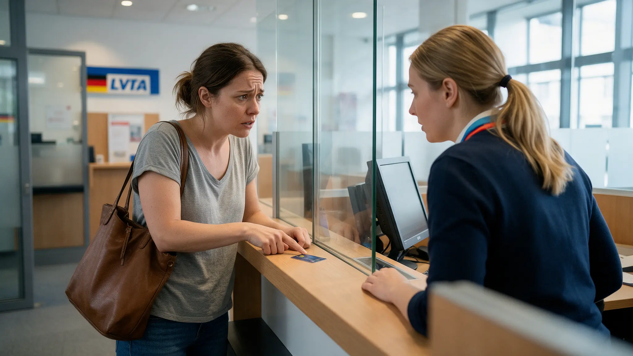 Eine Frau steht an einem Schaltertresen mit Glastrennwand einer Bankfiliale, auf dem Tresen liegt eine Bankkarte.