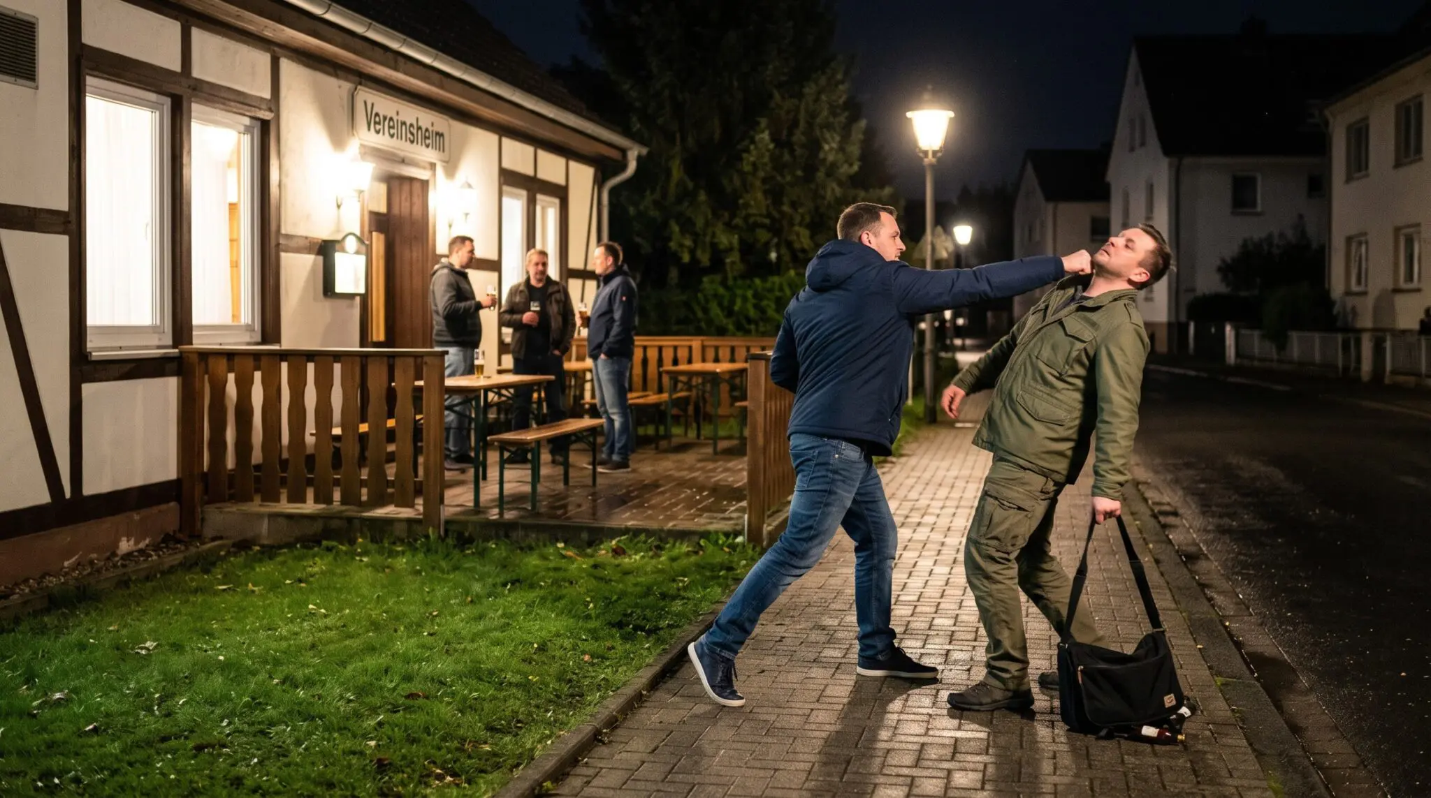 Faustschlag gegen Passanten auf Gehweg vor Vereinsheim, drei Männer abseits auf Terrasse bei Nacht