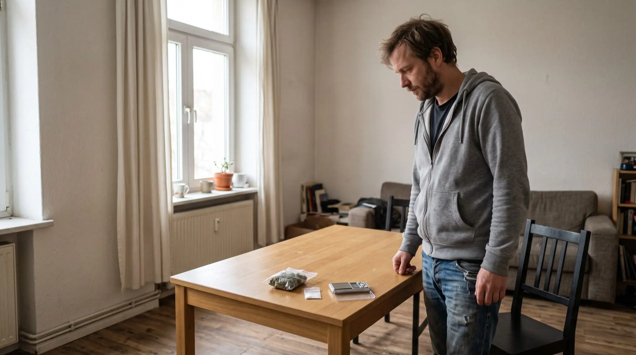 Mann neben Holztisch mit Cannabisbeutel, Pulverbeutel und Feinwaage in schlichtem Wohnzimmer