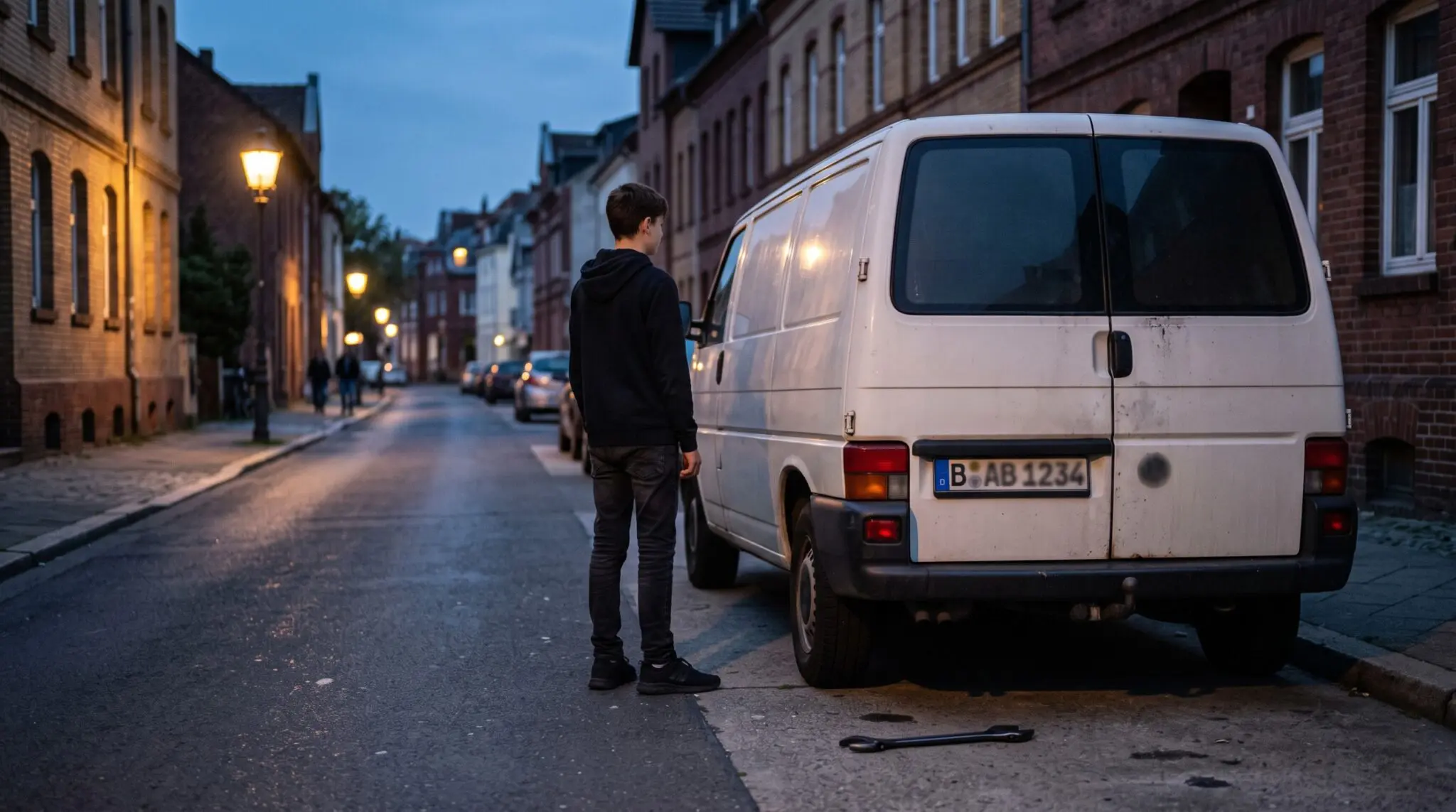 Jugendlicher steht in der Dämmerung neben weißem Kastenwagen und blickt die Straße hinunter