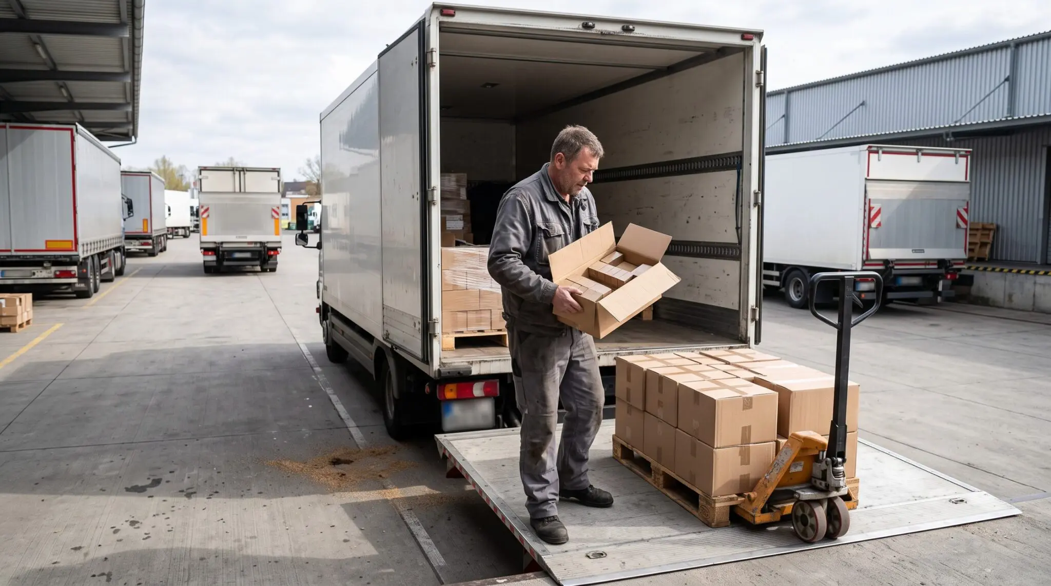 Arbeiter mit offenem Karton voller Zigarettenschachteln ohne Steuerbanderole an Lkw-Laderampe