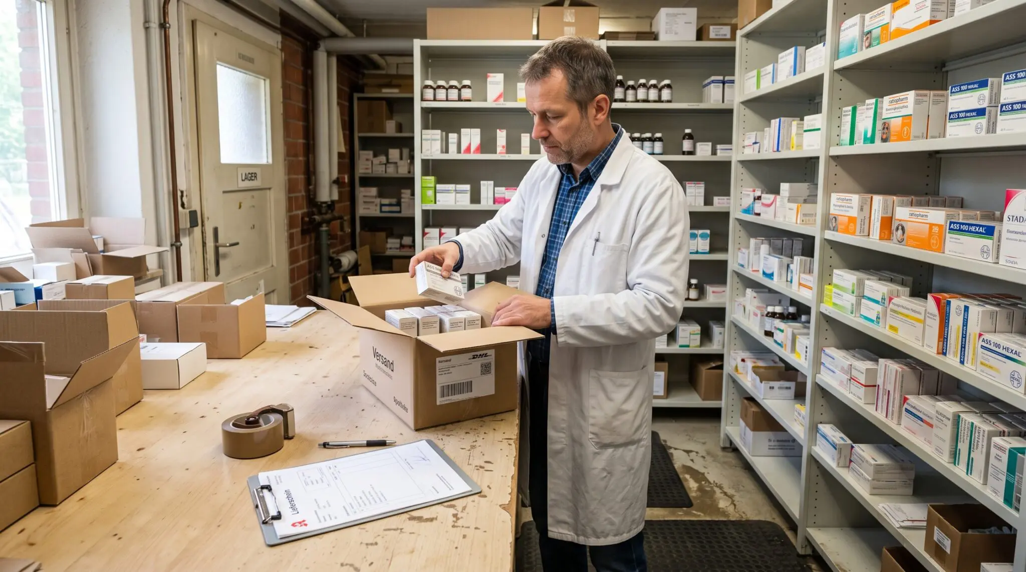 Mitarbeiter in Apothekenkittel packt Medikamentenpackungen im Lager in Versandkarton