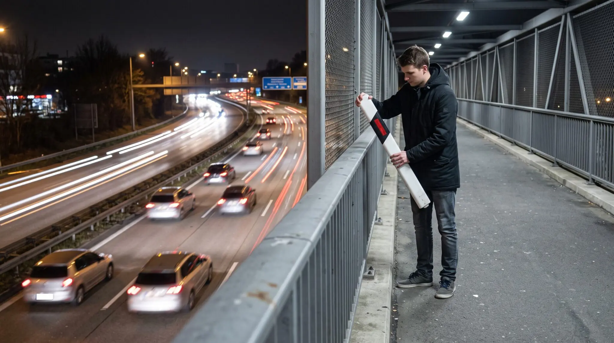 Junger Mann hält nachts auf einer Autobahnbrücke einen Leitpfosten über das Geländer