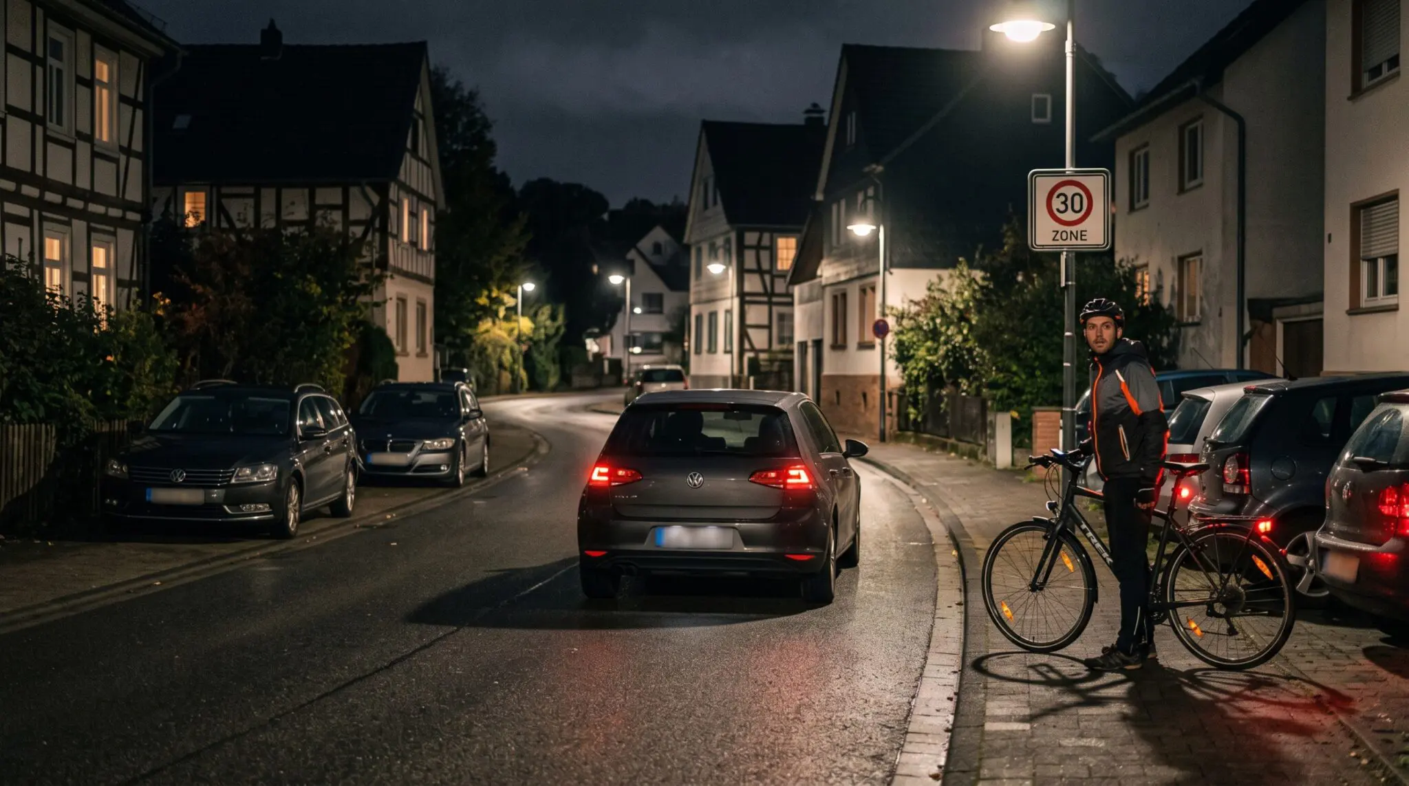 Dunkles Auto ohne Licht auf nächtlicher Wohnstraße, Radfahrer am Rand, Tempo-30-Schild
