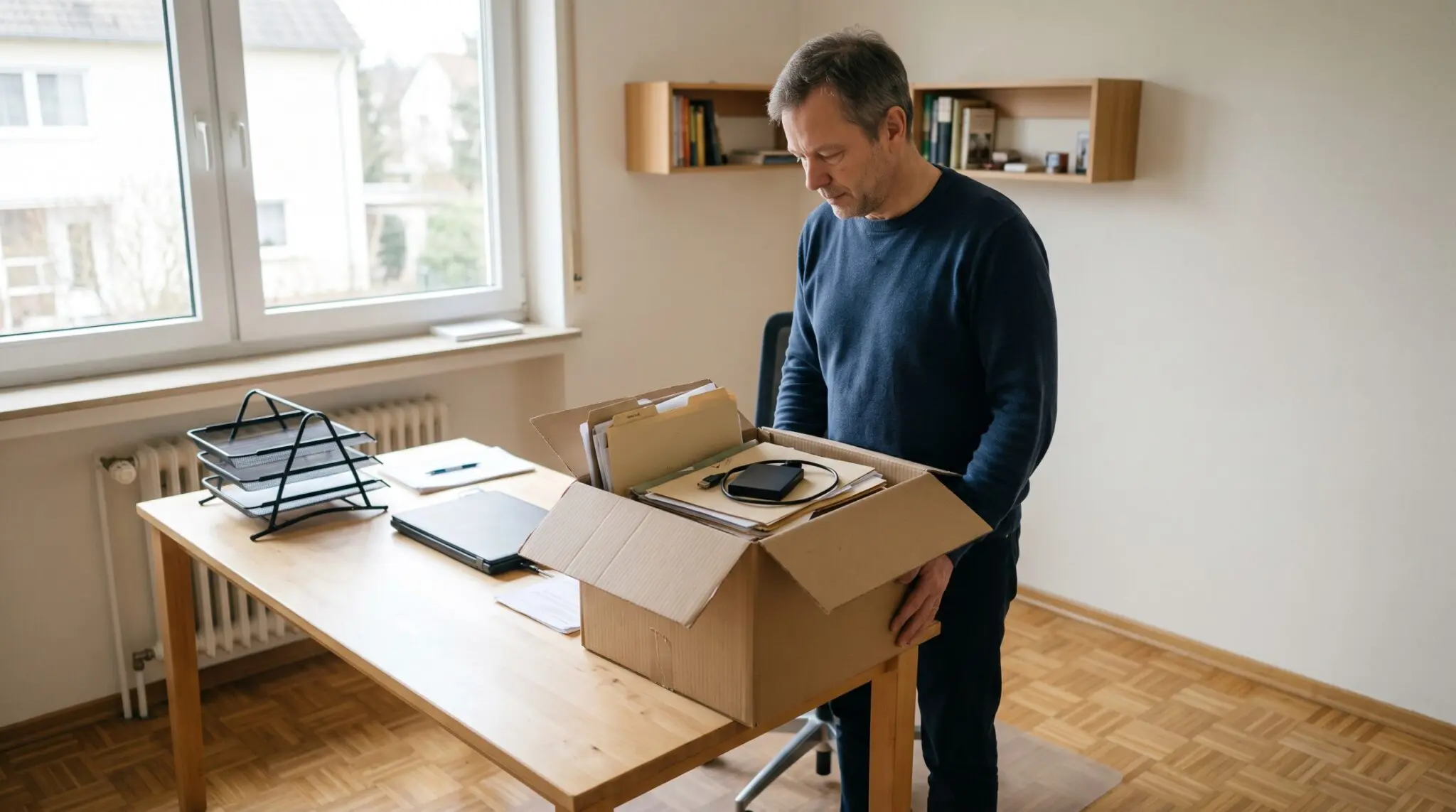 Mann steht im Arbeitszimmer neben Schreibtisch mit offenem Karton voller Ordner und Festplatte