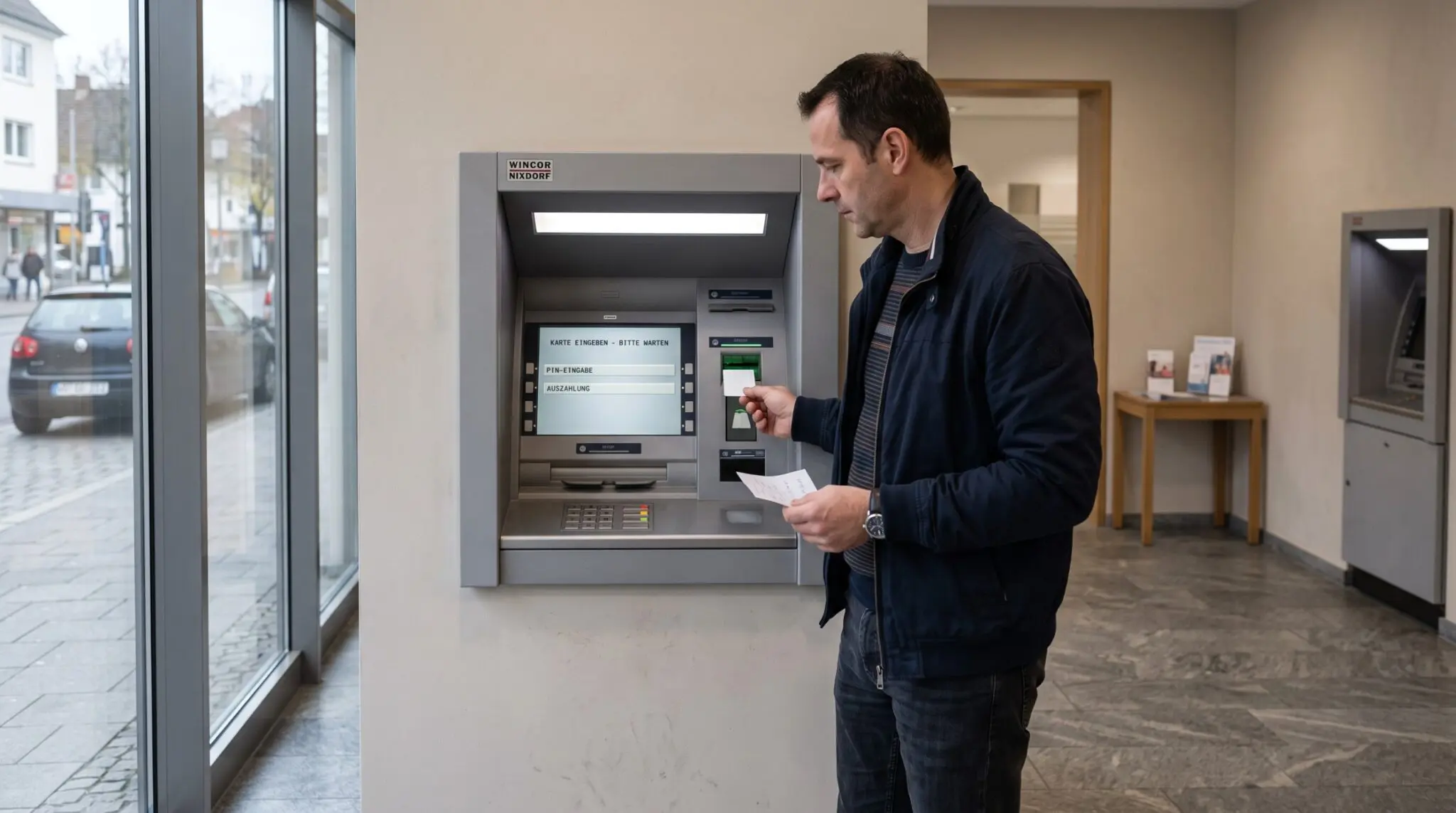 Mann am Geldautomaten im SB-Bereich steckt Bankkarte in Schlitz, Notizzettel in Hand