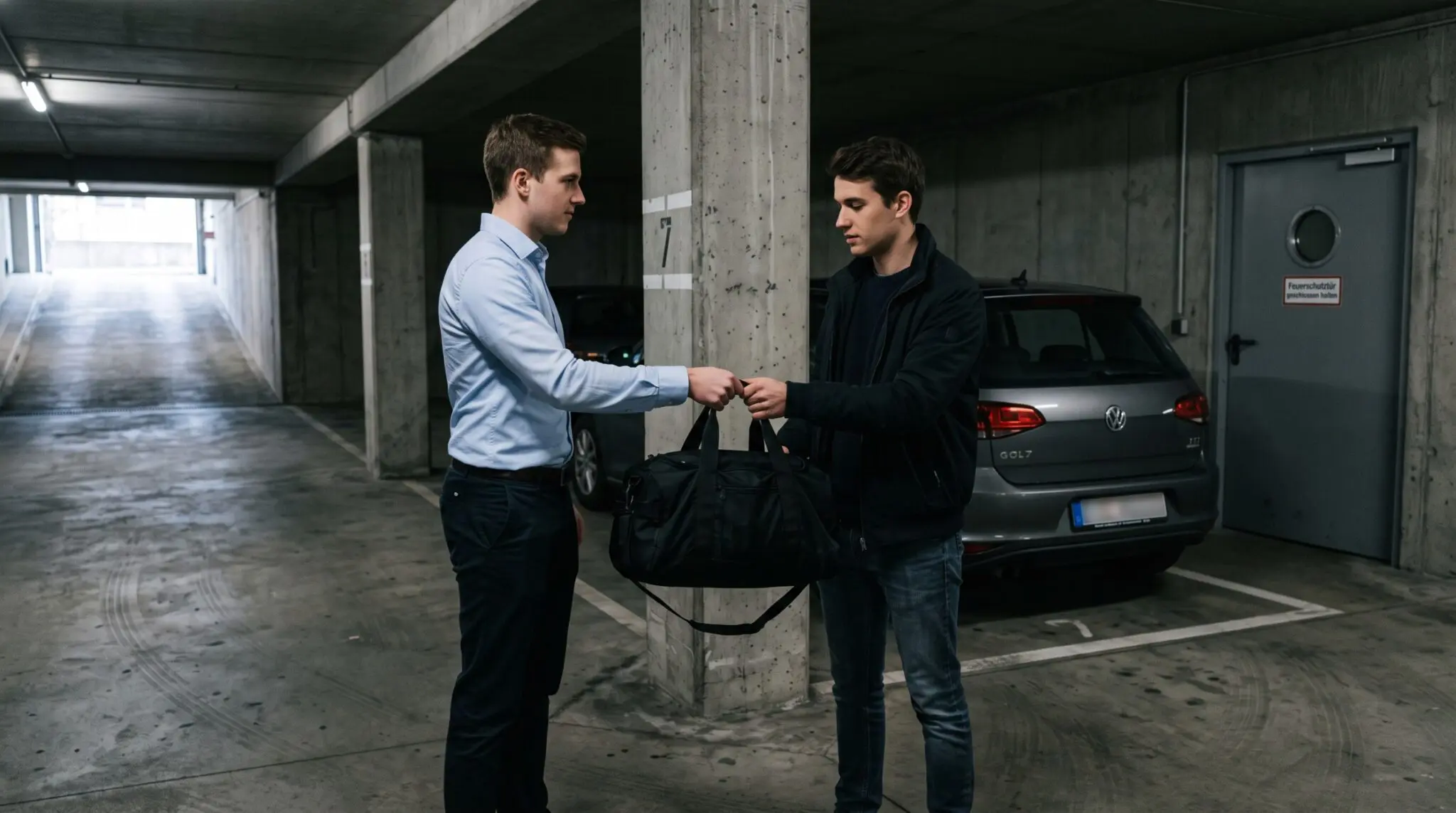 Junger Mann in Businesshemd übergibt in Tiefgarage schwarze Reisetasche an zweiten Mann