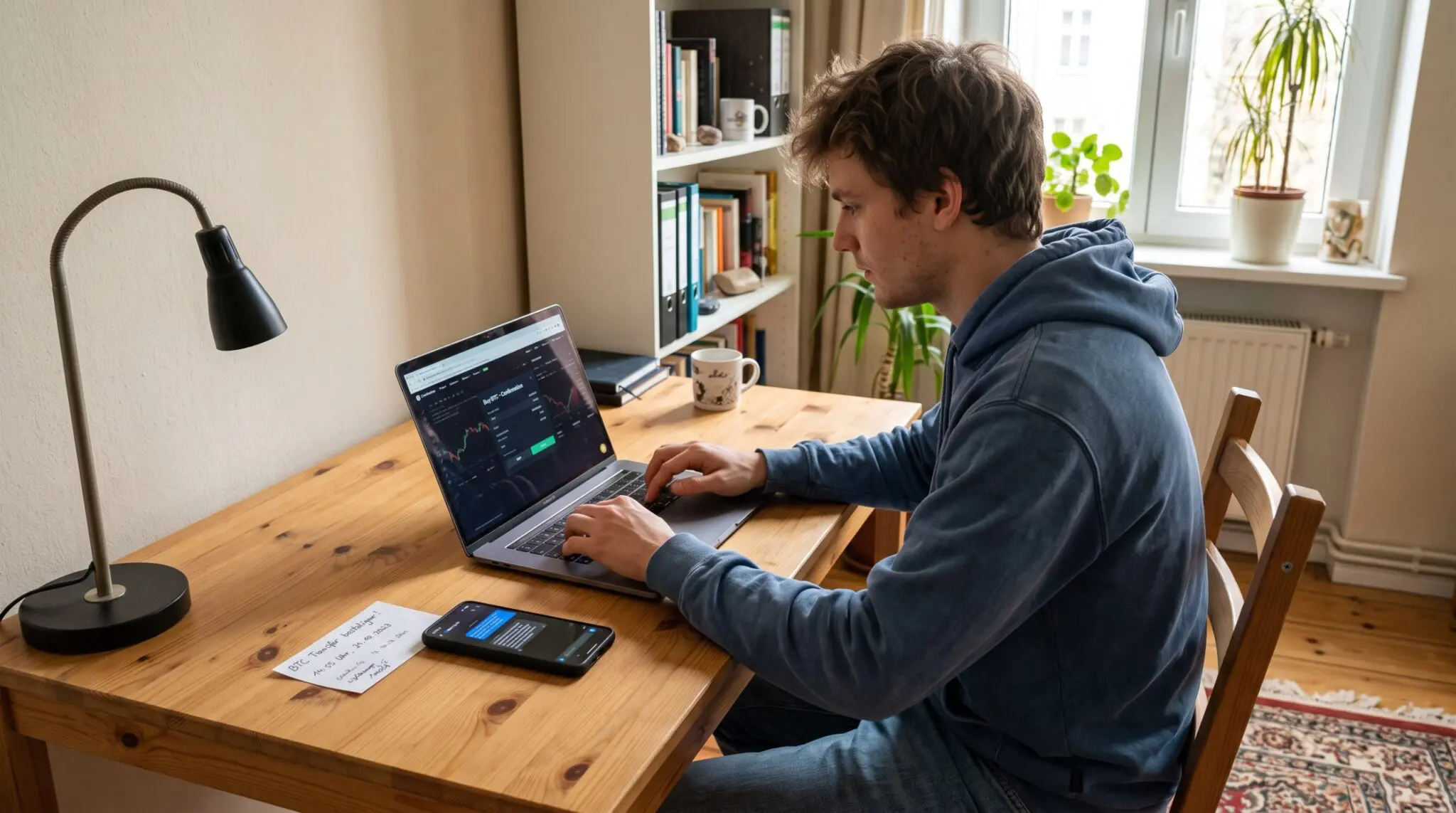 Junger Mann am Schreibtisch bestätigt per Laptop eine Transaktion, Smartphone mit Nachricht daneben