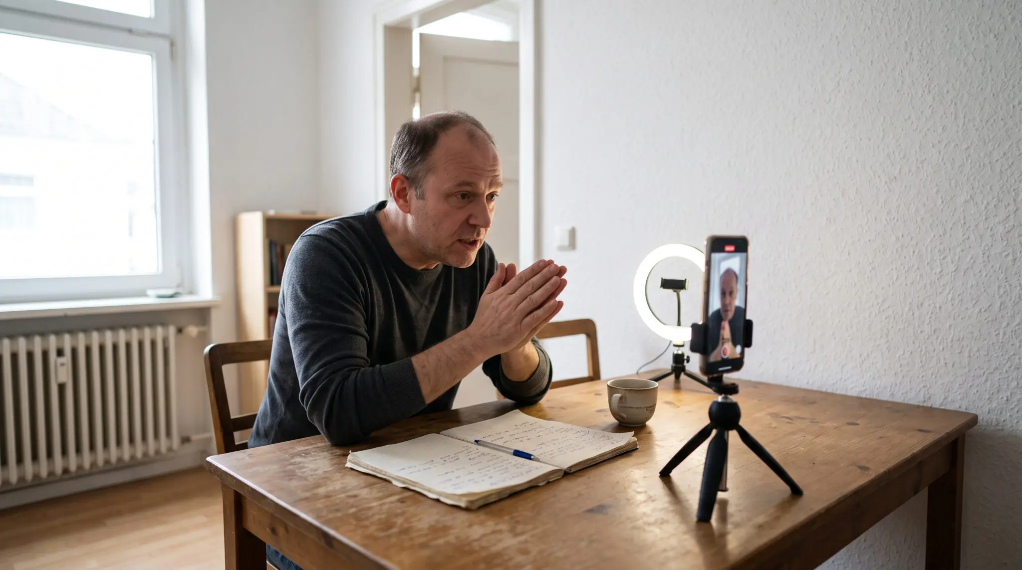Mann spricht mit bittender Geste am Holztisch in ein Smartphone auf Stativ
