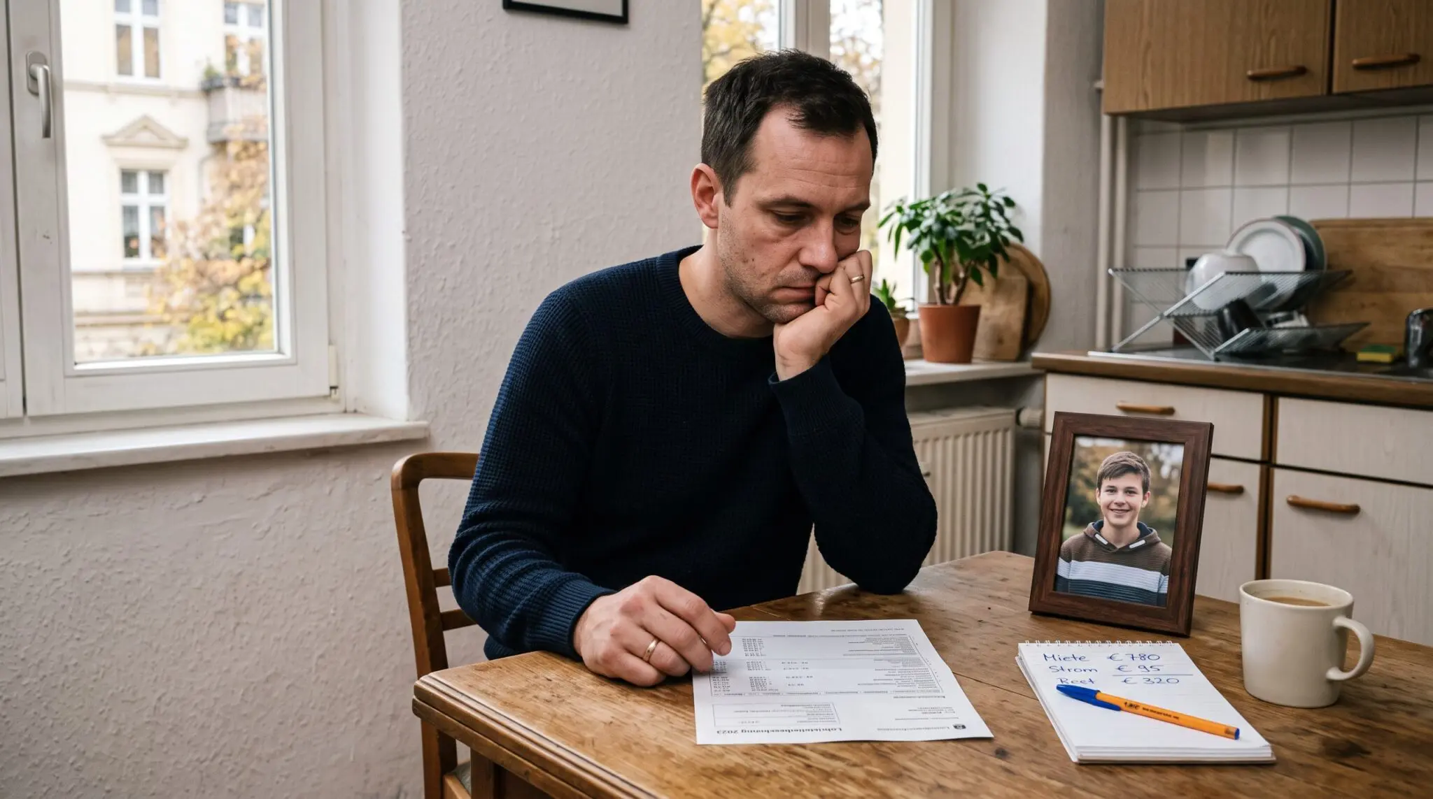 Mann Mitte dreißig am Küchentisch blickt auf Gehaltsabrechnung neben gerahmtem Kinderfoto und Kaffeetasse