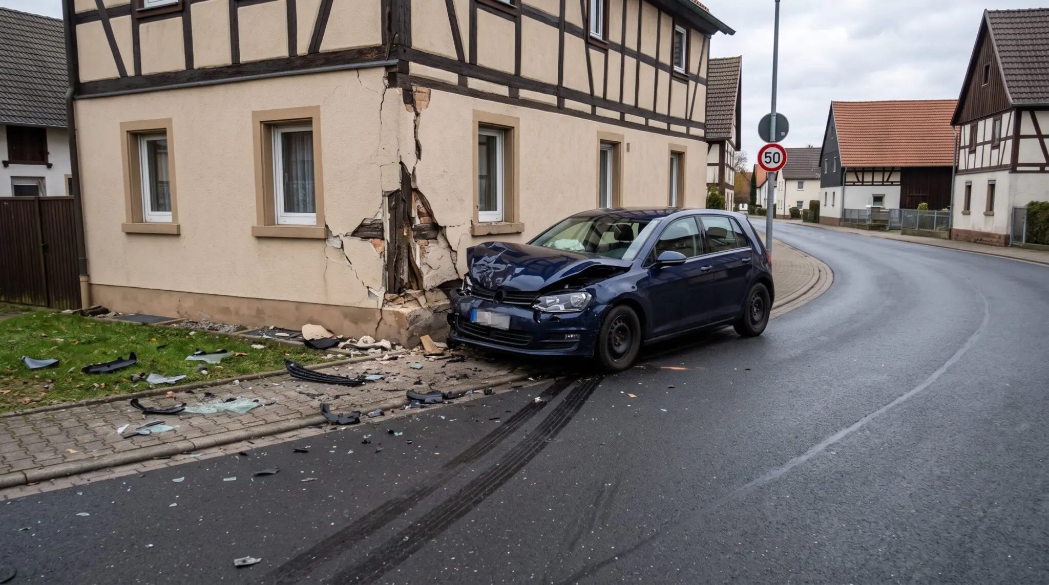 Zerstörtes dunkles Auto an Hausecke in Kurve mit Schleuderspuren und Tempo-50-Schild