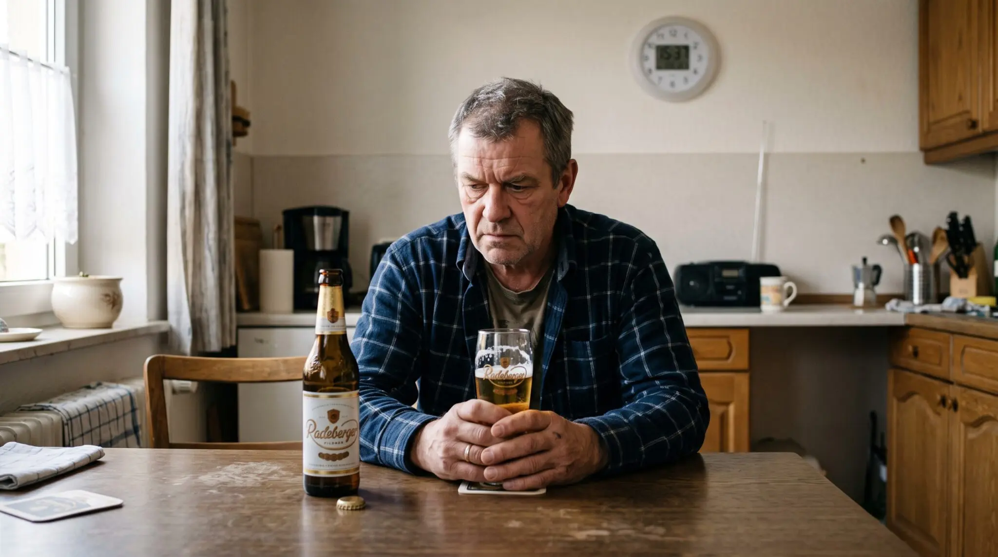 Mann umklammert angespannt Bierglas am Holztisch, offene Flasche daneben in Wohnküche