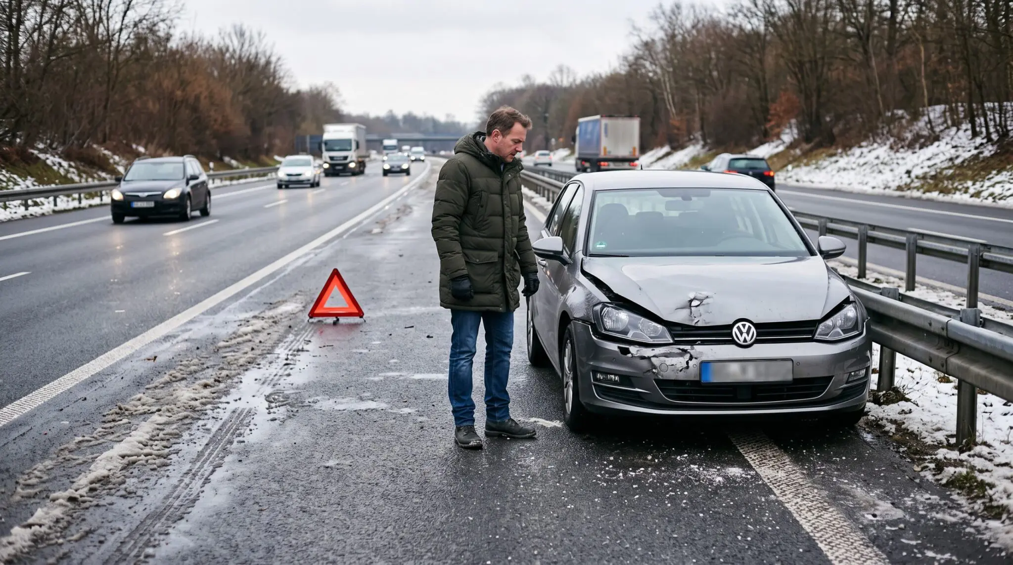Beschädigtes Auto an Leitplanke auf schneeglatter Autobahn, Mann im Wintermantel am Standstreifen