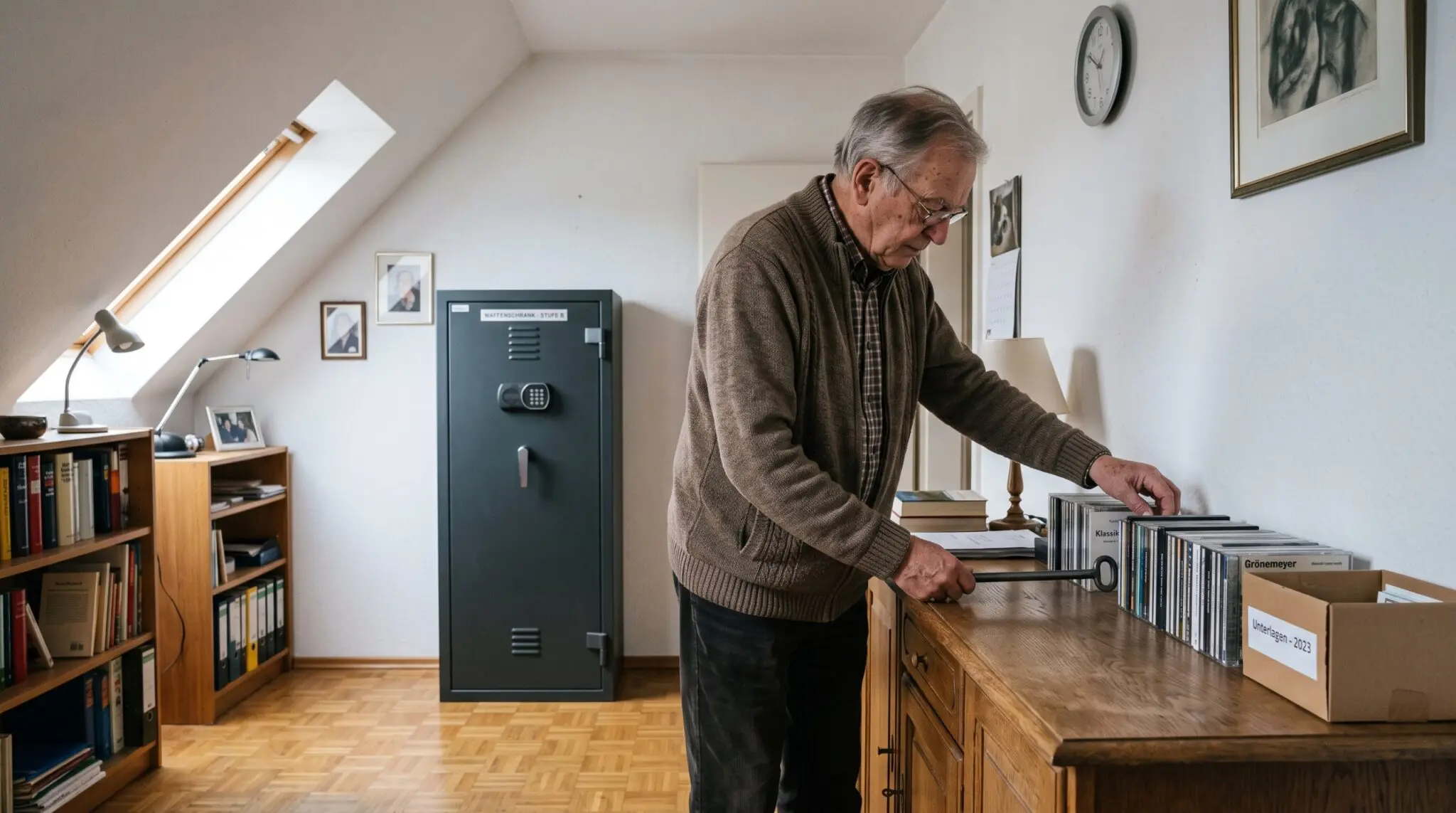 Älterer Mann legt Waffenschrankschlüssel hinter CD-Hüllen auf Sideboard neben Waffenschrank