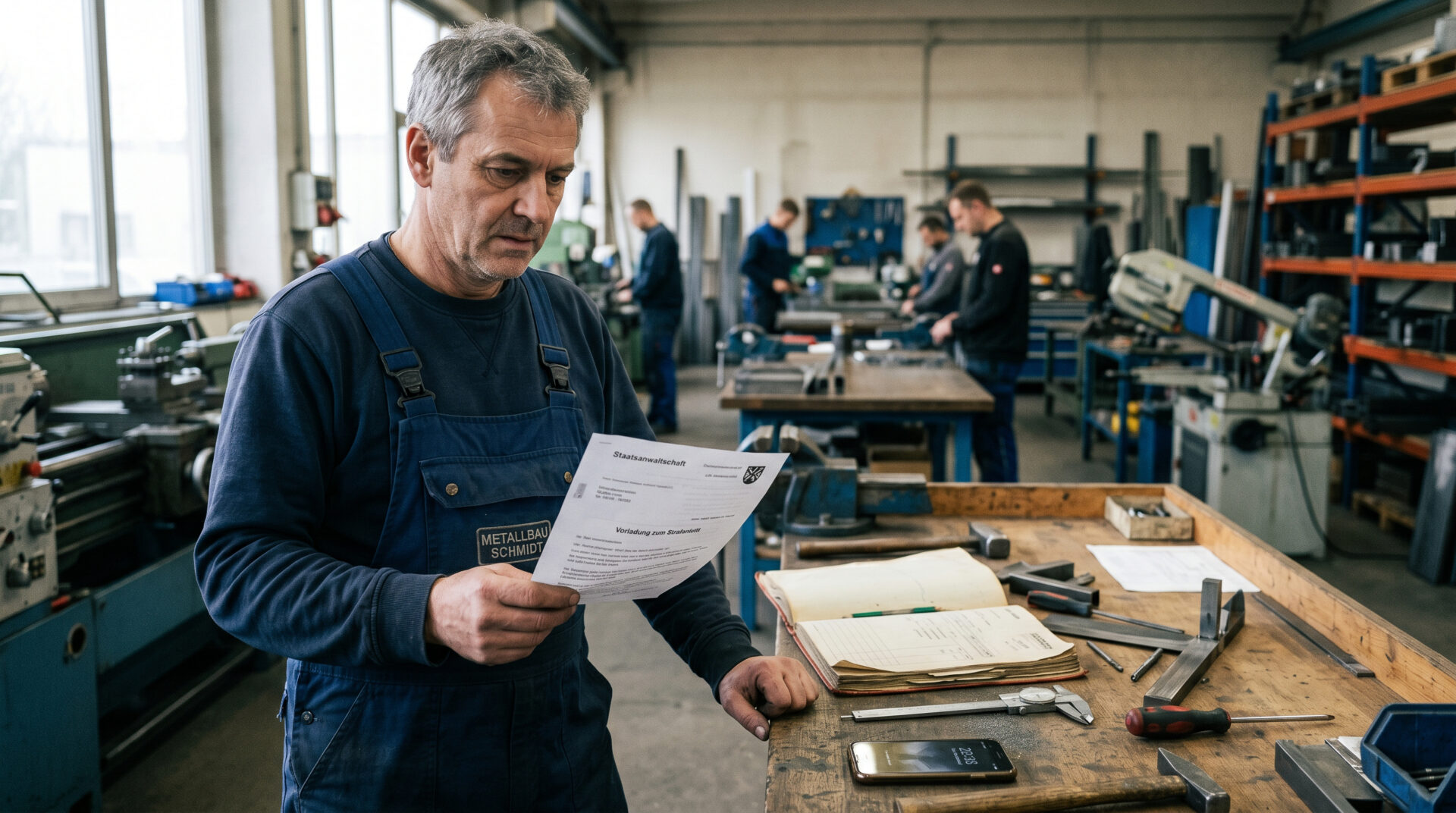 Metallarbeiter liest Brief in Werkstatt