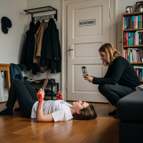 Eine junge Frau inszeniert mit einem Ketchup-Messer einen vermeintlichen Suizid, während ihre Komplizin die Szene mit dem Smartphone filmt, um den später zur Anklage führenden Missbrauch des Notrufs zu belegen.