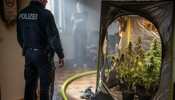Ein Polizeibeamter begutachtet die bei einer fragwürdigen Hausdurchsuchung entdeckten Cannabispflanzen, die als unerlaubte Anbau-Beweismittel den im Hintergrund stehenden Angeklagten überführten.