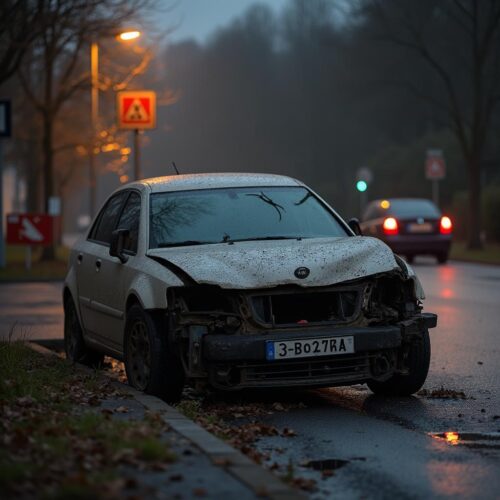 Der schwer beschädigte Pkw zeugt von den Folgen eines Unfalls unter Alkoholeinfluss, doch der beteiligte Fahrer wurde trotz hoher Promillewerte überraschend freigesprochen.