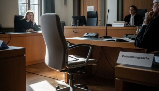 Ein leerer Drehstuhl in einem Verhandlungsraum markiert die Abwesenheit des Dolmetschers, der unentschuldigt einen Gerichtstermin aufhielt. Nur dank einer juristischen Feinheit der fehlenden Ladung entging er dem verhängten Ordnungsgeld.