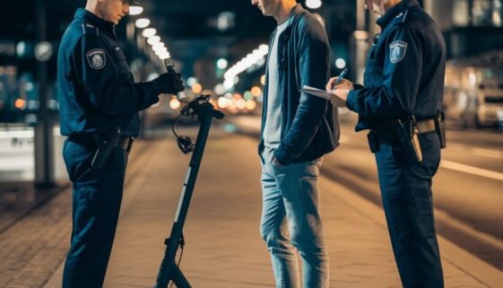 Polizisten führen Atemalkoholtest bei E-Scooter-Fahrer durch