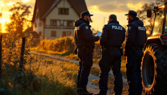 Polizisten kontrollieren Landwirt auf Feldweg beim Traktorfahren
