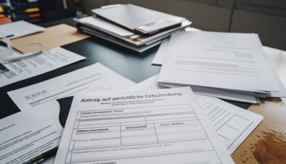 Unvollständig ausgefüllter Antrag auf gerichtlichem Schreibtisch mit Kugelschreiber