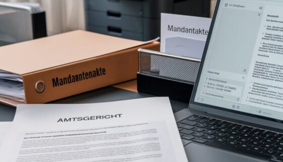 Laptop zeigt digitale Gerichtsakte neben teilweise ausgedruckter Version